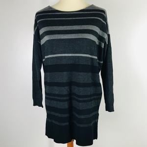 Eileen Fisher Merino Wool Grey Black Striped Knit Long Tunic Sweater-Dress XS